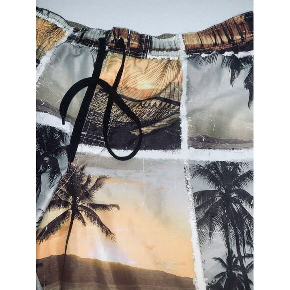 L No Bad Days Cargo Swim Trunks Orange Beige Brown Tropical Print Mens READ - Picture 3 of 11